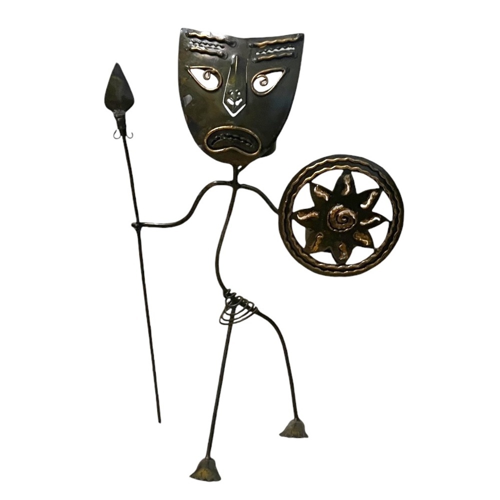 NWOT Metal Crafted Tea Light Votives Spear Shield Tribal Figure Incense Holder